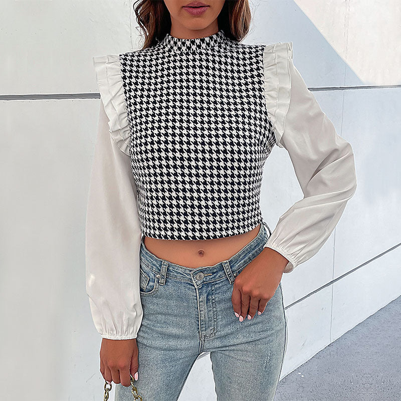 Damen Crop- Voluminöse Ärmel Karo Muster - Norvielle