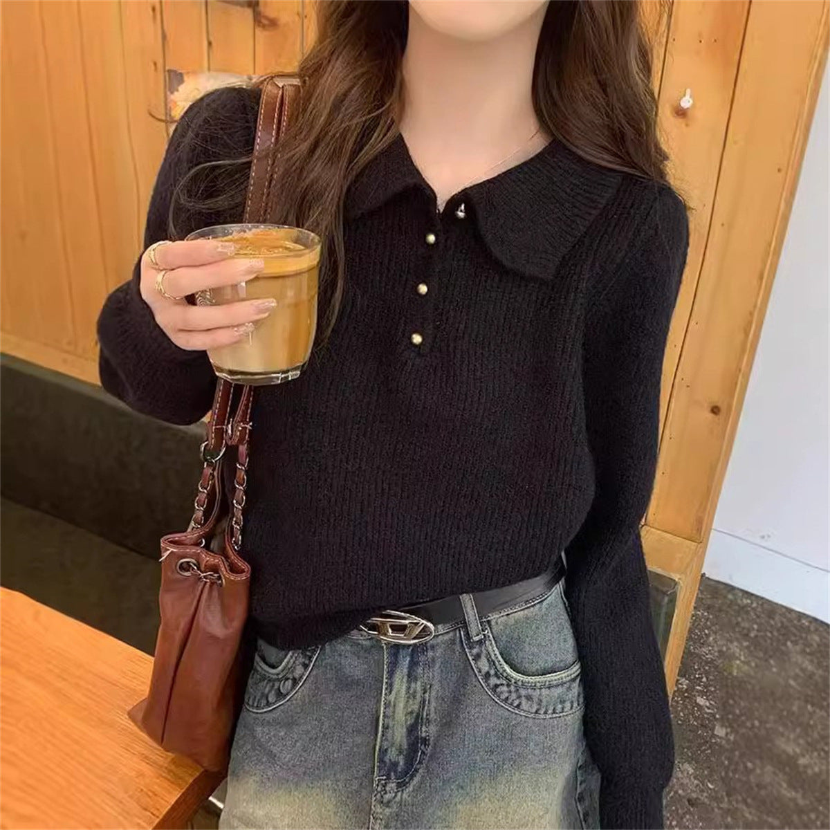 Damen Pullover Strukturiert Polo-Kragen Knöpfe Beige