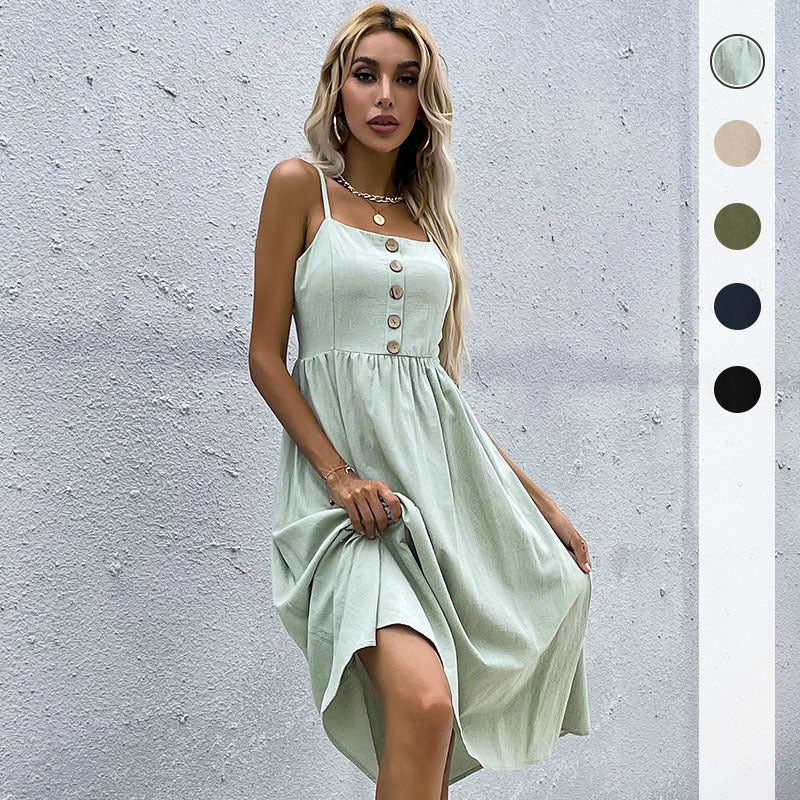Damen Midi-Kleid Knopfleiste Verstellbare Träger Norvielle - Norvielle