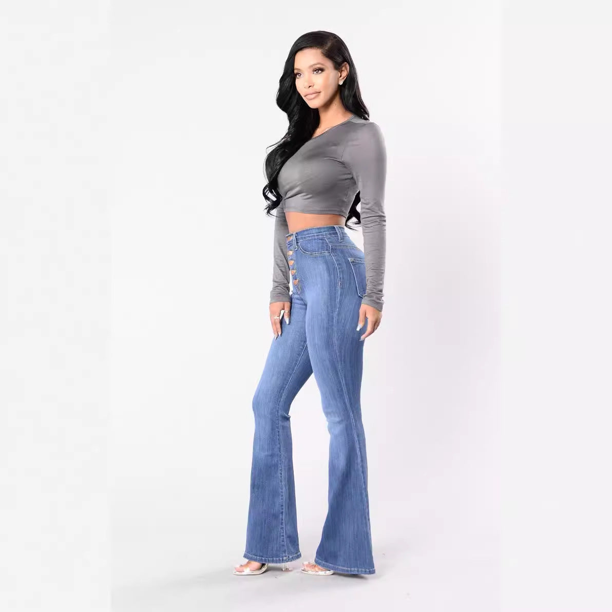 Damen Highwaist Flare Jeans Dekorative Knöpfe Norvielle