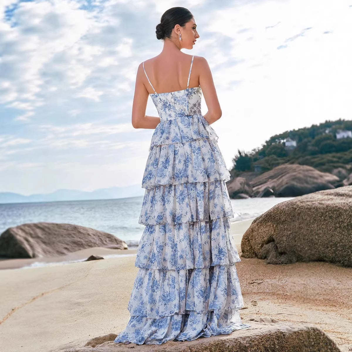 Damen Maxikleid Boho-Stil mit Blumenmuster und Herz-Ausschnitt