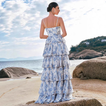 Damen Maxikleid Boho-Stil mit Blumenmuster und Herz-Ausschnitt