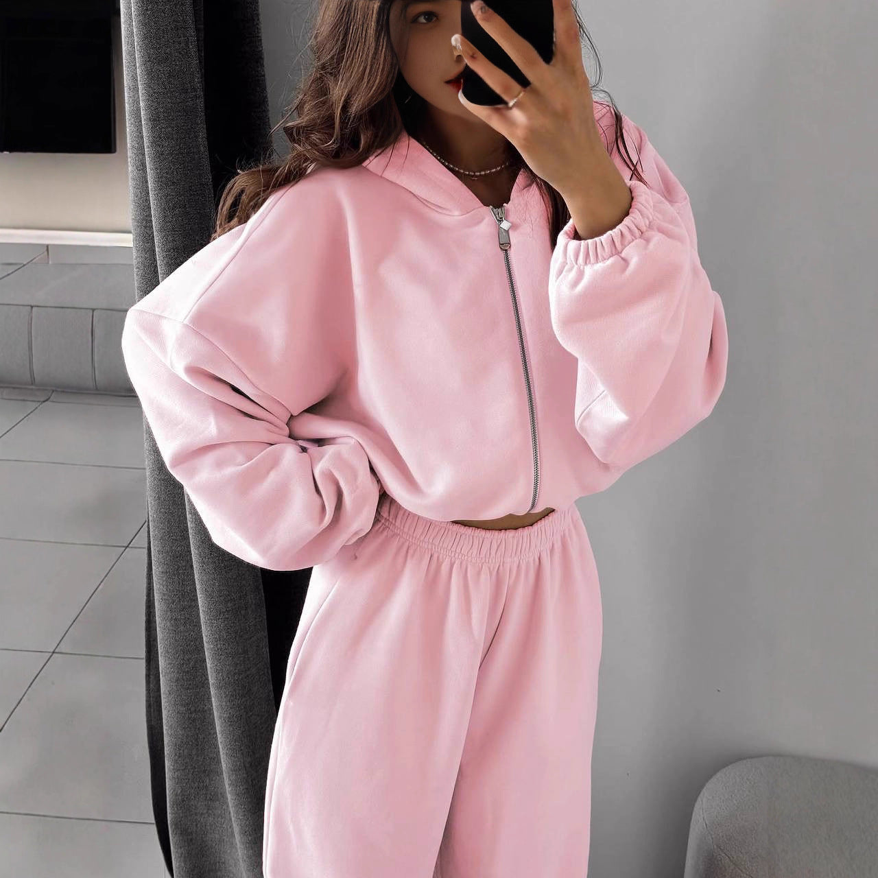 Damen Cropped Sweatset Elastischer Bund Reißverschluss Norvielle