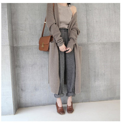Damen Strickcardigan Lang Weich Mit Taschen Beige