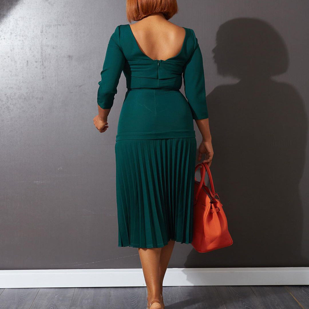 Damen Plissee-Kleid mit Quadrat-Ausschnitt 3/4-Ärmel Norvielle