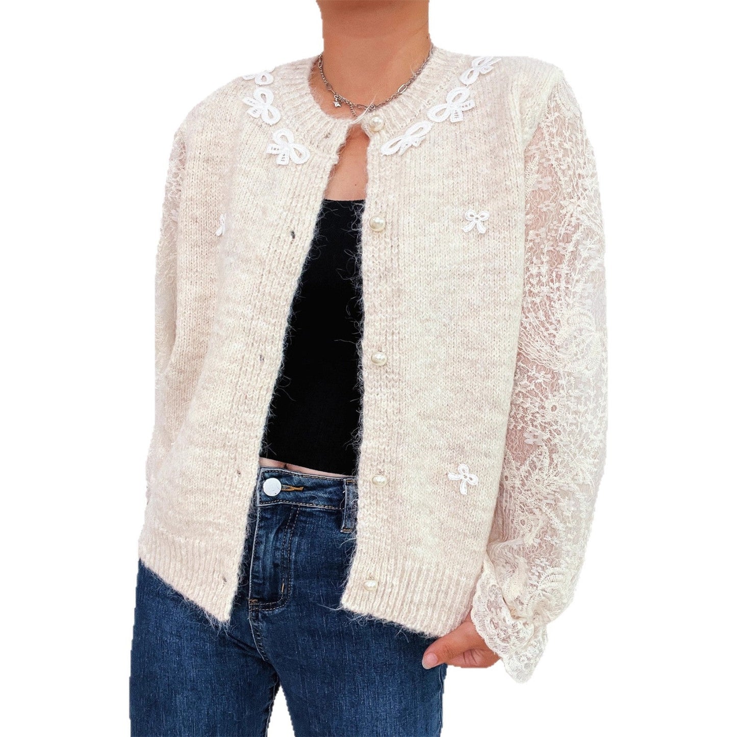 Damen Strickjacke Elegante Spitze Perlknöpfe Norvielle