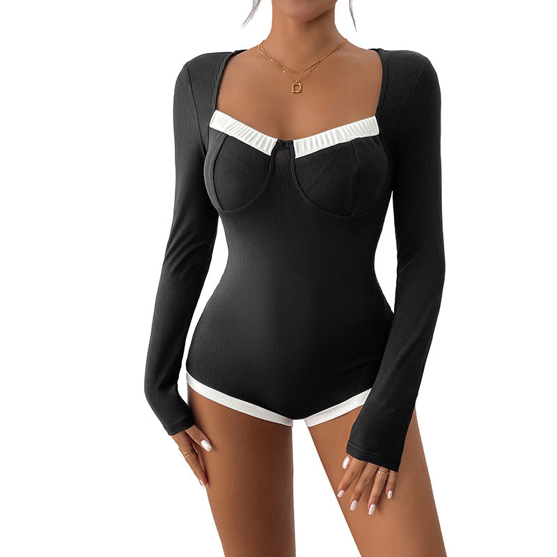 Damen Bodysuit Langarm Spitzeneinsatz