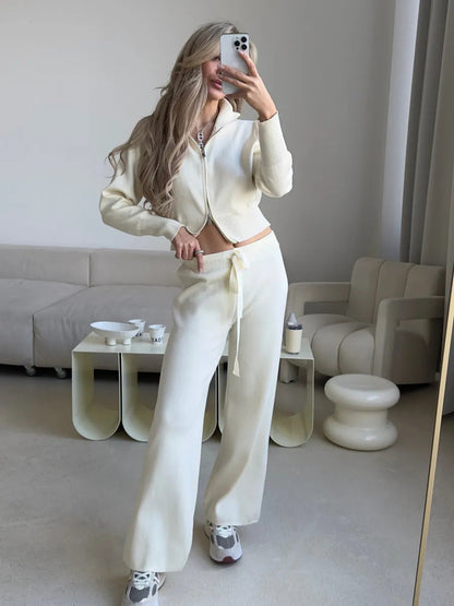 Damen Stricklounge-Set Cropped Oberteil Weite Hose Beige