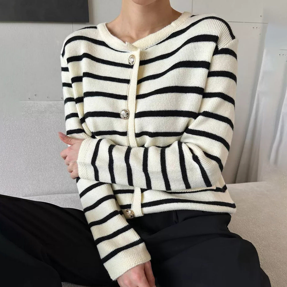 Damen Strickjacke Streifen Knopf Detail Beige
