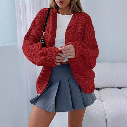 Damen Strick-Cardigan Weich Voluminöse Ärmel Offene Front Beige