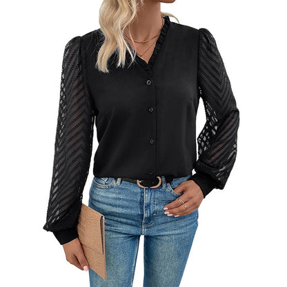 Damen Bluse Rüschendetails transparente Spitze Norvielle