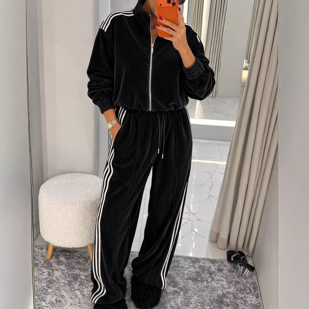 Damen Velours Jogginganzug Hochgeschlossener Kragen Elastischer Bund