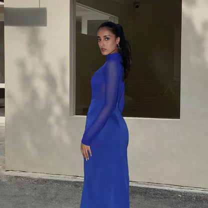 Damen Elegantes Maxikleid mit transparenten Ärmeln und Drapierung