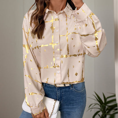 Damen Bluse Elegantes Goldmuster Langer Ärmel