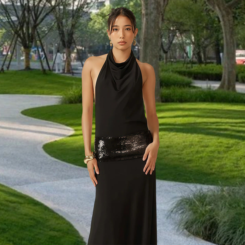 Damen Abendkleid Wasserfallausschnitt Glitzer Taillenelement