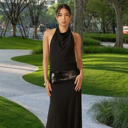 Damen Abendkleid Wasserfallausschnitt Glitzer Taillenelement
