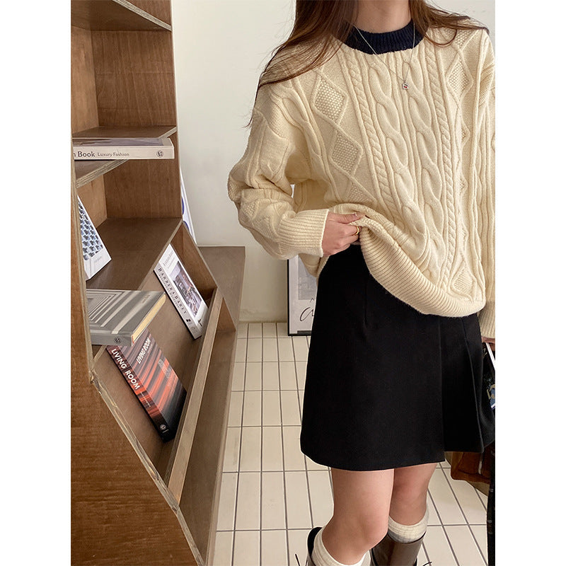 Damen Pullover Grobgestrickt Zopfmuster Norvielle
