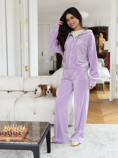 Damen Sportlicher Velour-Anzug mit Kapuze Elastisch