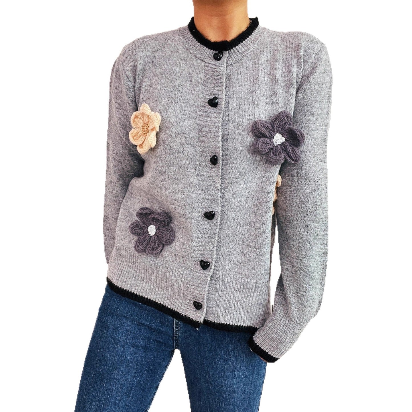 Damen Strickjacke Florale Applikationen Herzknöpfe Norvielle