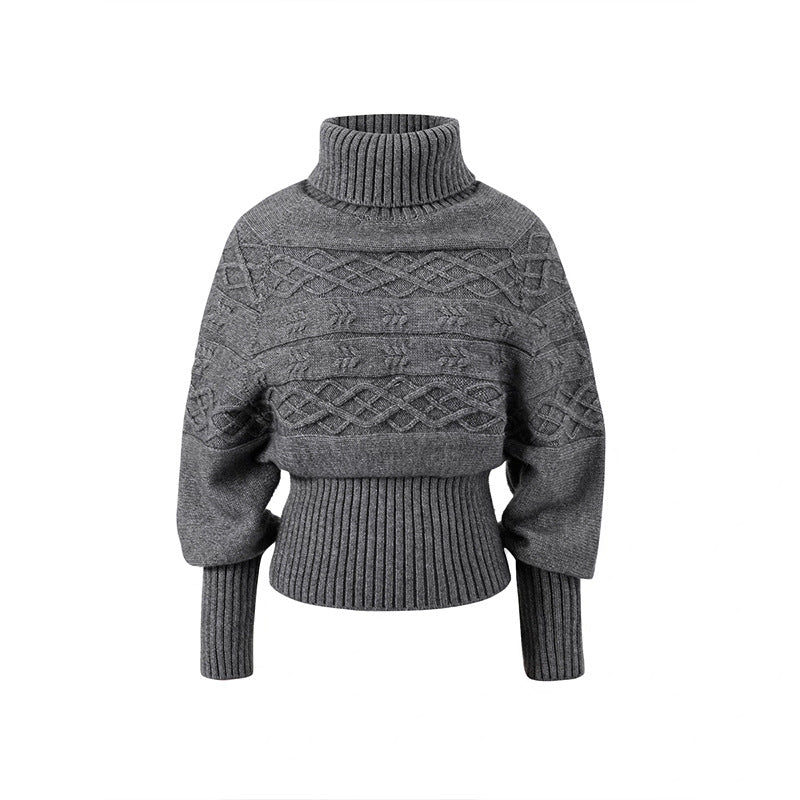 Damen Grobstrickpullover Hochkragen Kabelmuster Beige