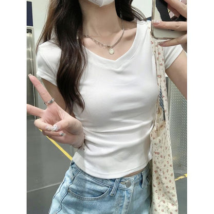 Damen Cropped T-Shirt V-Ausschnitt Figurbetont Weiß