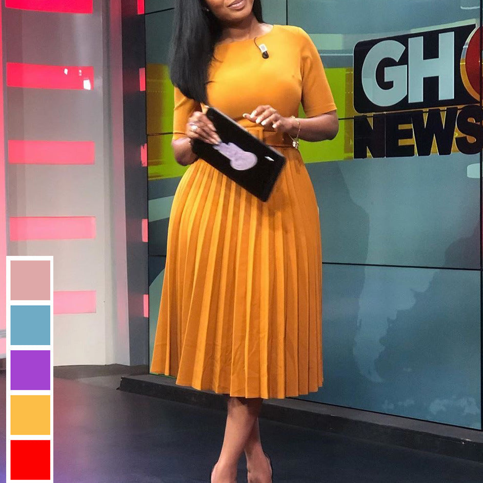 Damen Plissiertes Kleid mit Taillengürtel und kurzen Ärmeln - Norvielle