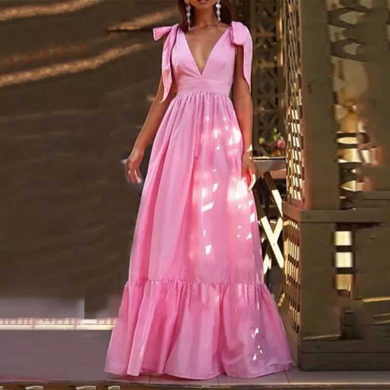 Damen Maxikleid V-Ausschnitt Ballonärmel Norvielle