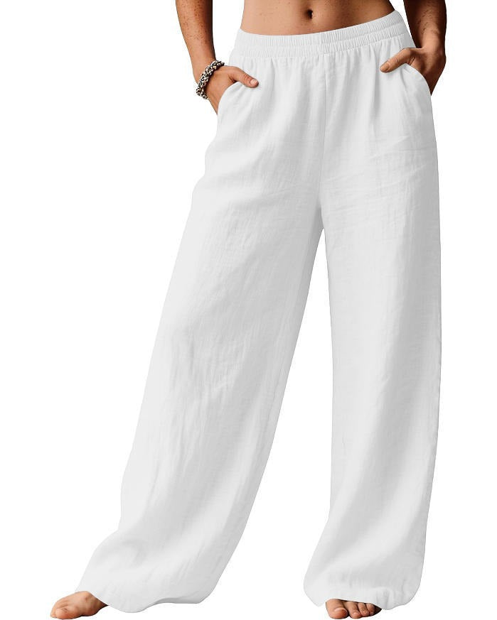 Damen Leinenhose Weit Bequem Elastischer Bund Norvielle