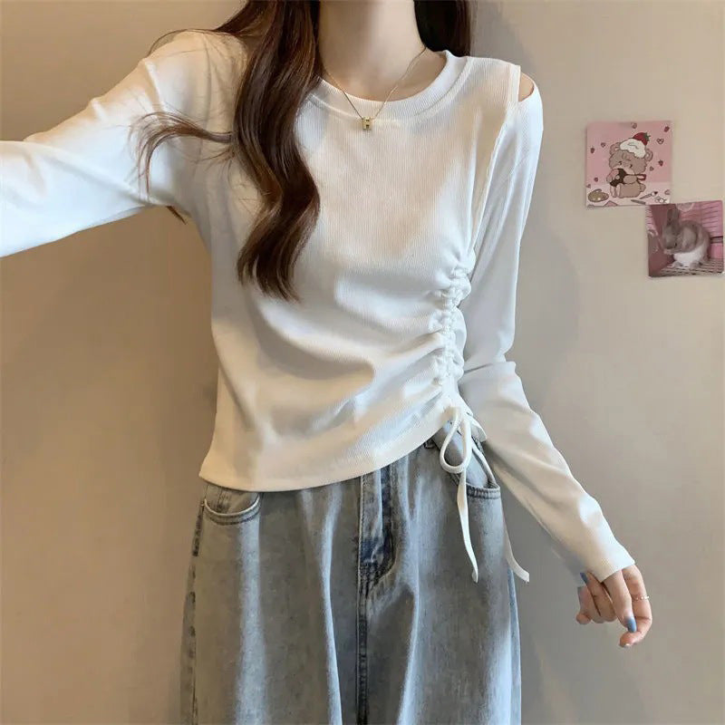 Damen Langarmshirt Rüschendetail Lässig Weiß