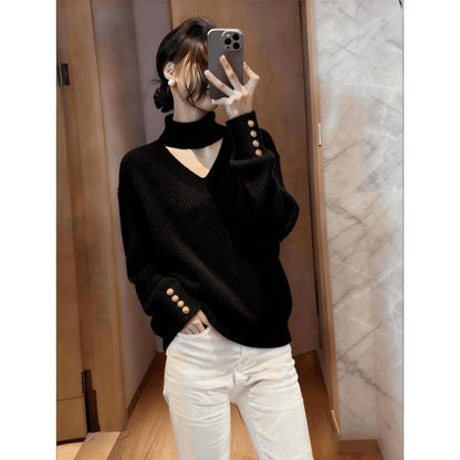 Damen Strickpullover Rollkragen Knopfdetails Norvielle
