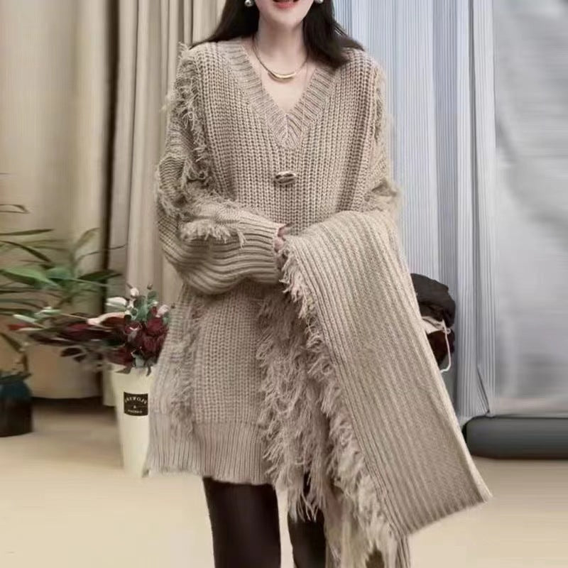 Damen Grobstrickpullover V-Ausschnitt Französer