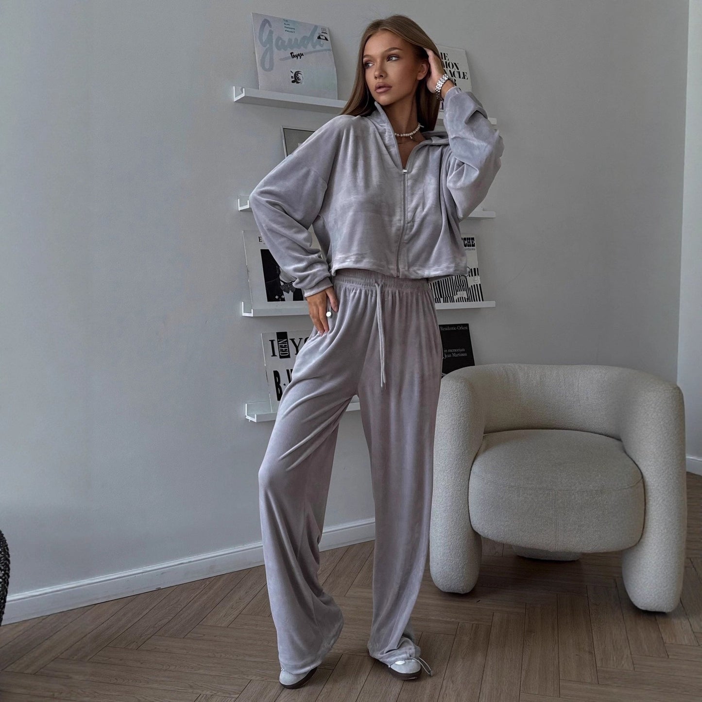 Damen Velours-Loungewear-Set Reißverschluss Kapuze
