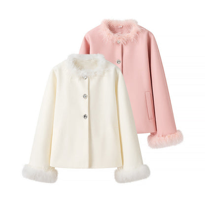 Damen Kurzjacke Kunstfellkragen Knopfdetails