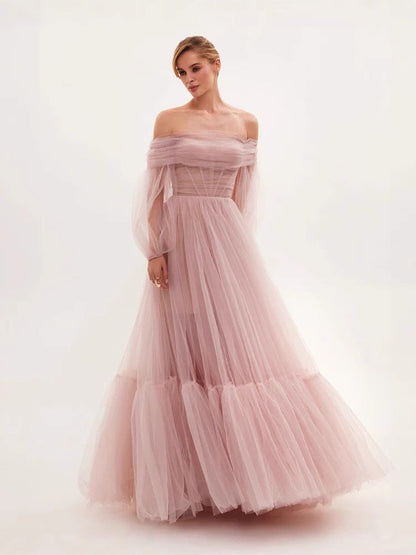 Damen Cocktailkleid Schulterfrei Tüll Voluminöse Ärmel Norvielle