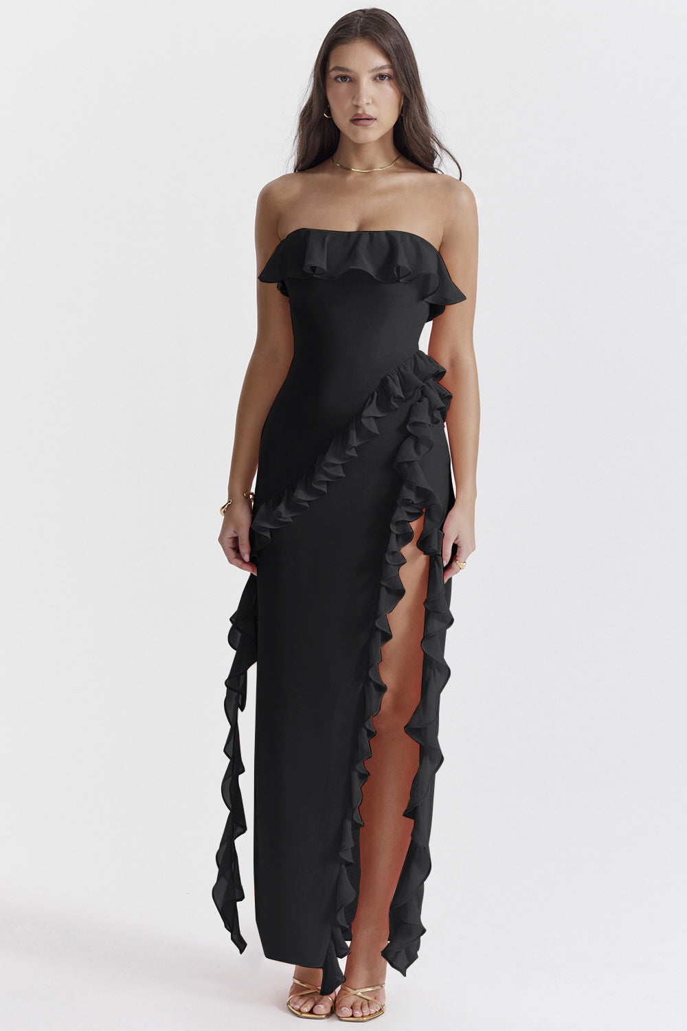 Damen Maxikleid Off-Shoulder Rüschen