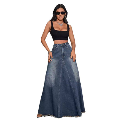 Damen Jeans Maxirock Hohe Taille Französer