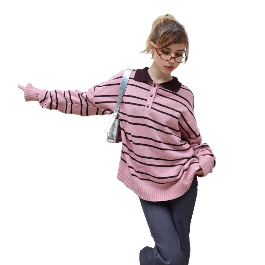 Damen Pullover Gestreift Schalkragen Knöpfe Norvielle