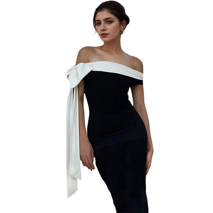 Damen Maxikleid Off-Shoulder Schleifenakzent Elegant