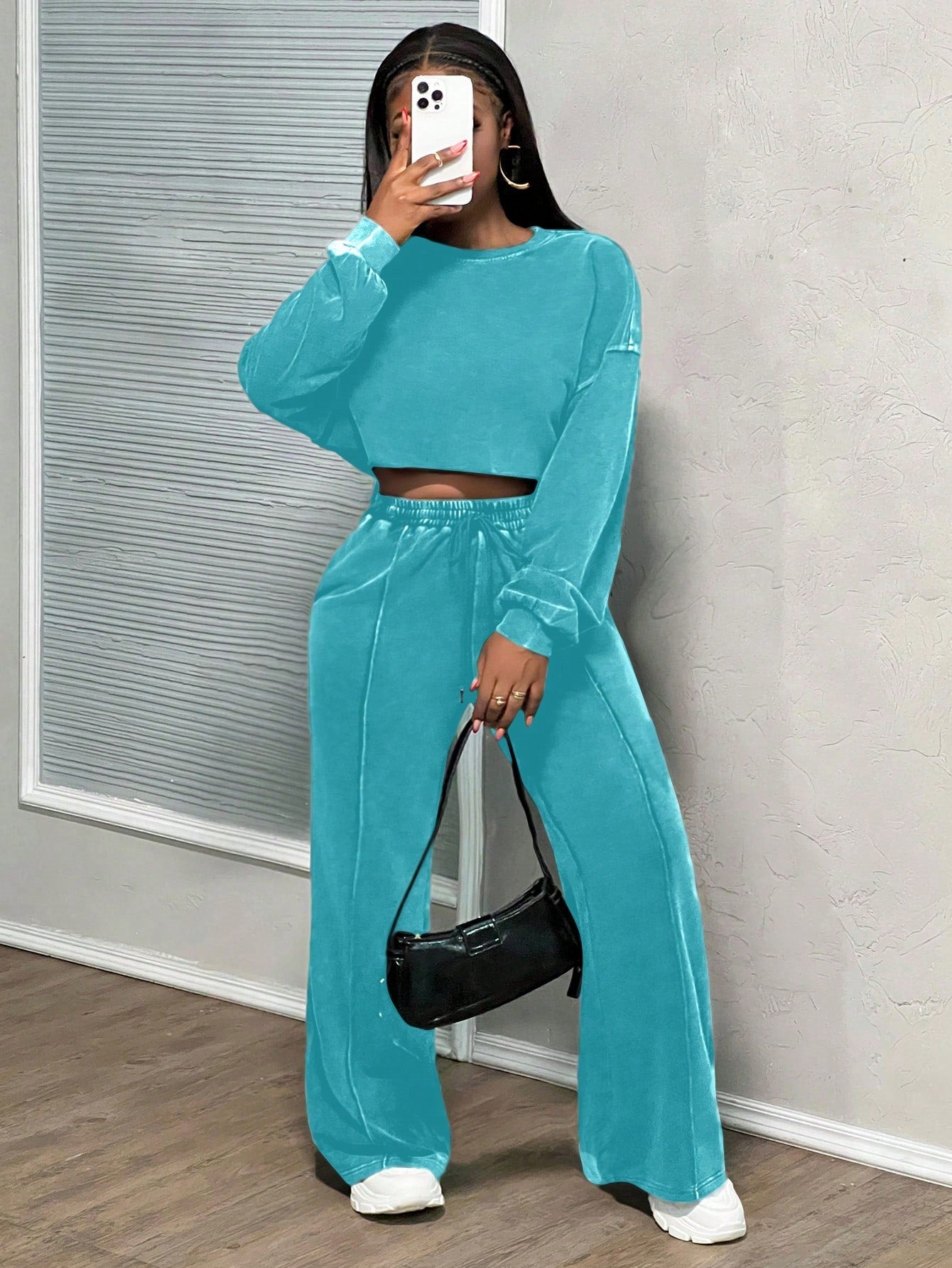 Damen Cropped Loungewear-Set Weite Hose Hochwerder Bund