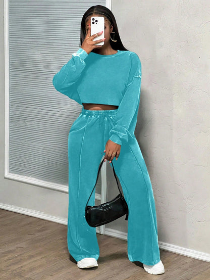 Damen Cropped Loungewear-Set Weite Hose Hochwerder Bund