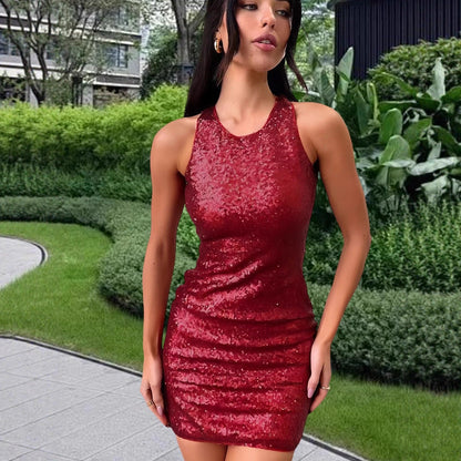 Damen Minikleid Glitzernd Schimmernd Racerback Design