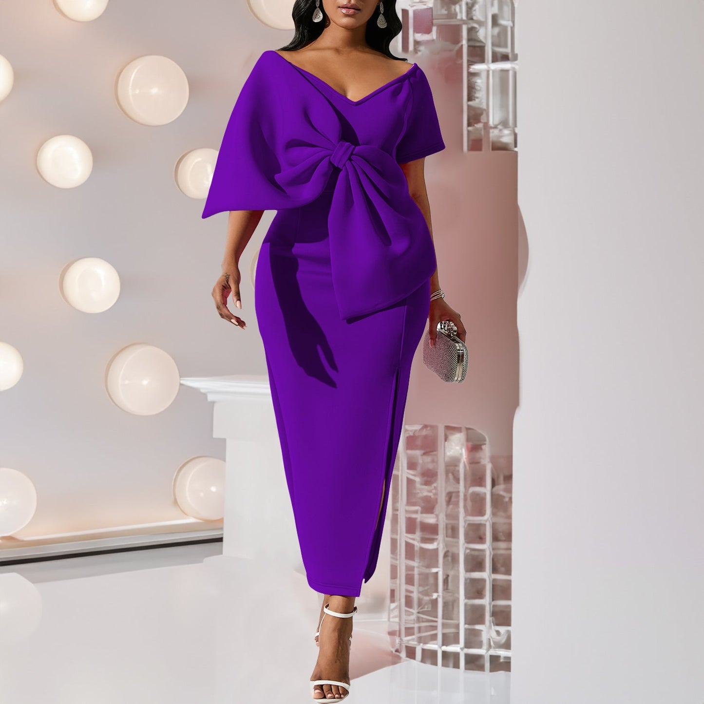 Damen Kleid Figurbetont Voluminöser Schleifendetail