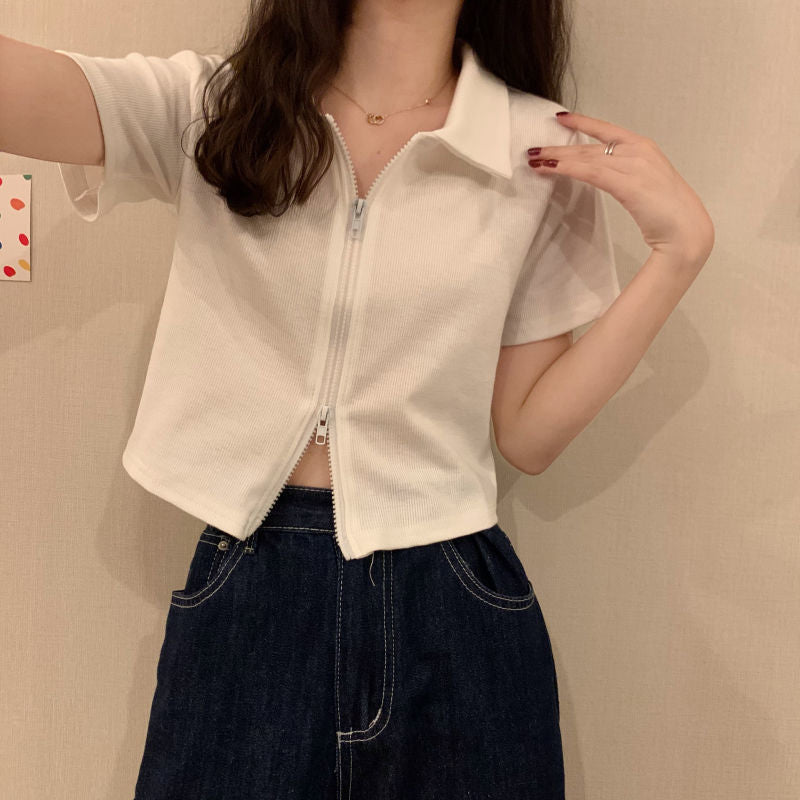 Damen Cropped Poloshirt Strukturierter Stoff Mit Reißverschluss Beige