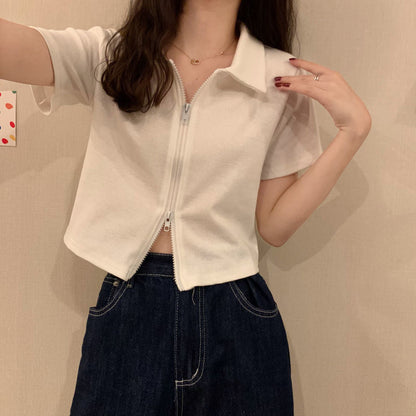 Damen Cropped Poloshirt Strukturierter Stoff Mit Reißverschluss Beige
