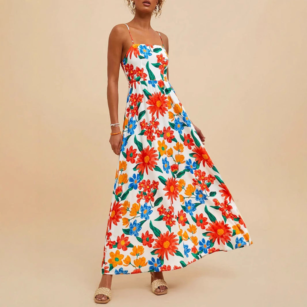 Damen Maxikleid Bunt Blumenmuster Verstellbare Träger