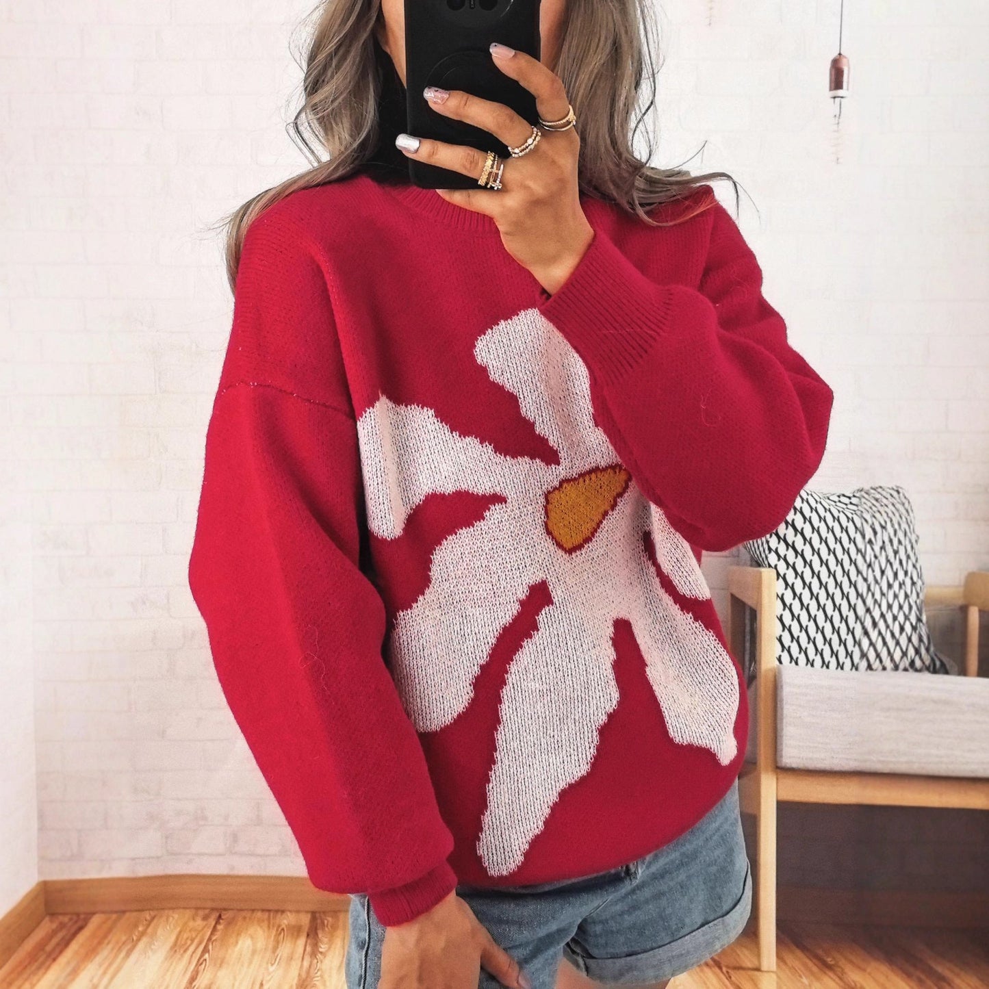 Damen Strickpullover Bunt Blumenmotiv Überschnittene Schultern - Norvielle