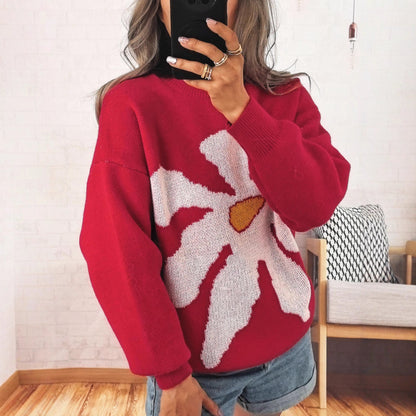 Damen Strickpullover Bunt Blumenmotiv Überschnittene Schultern - Norvielle