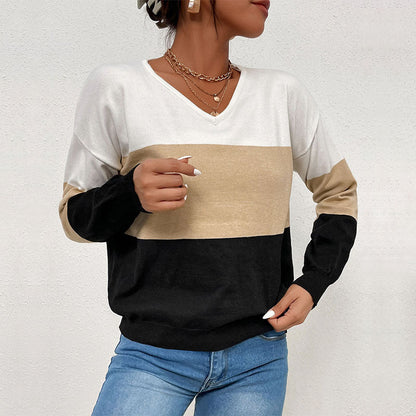 Damen Pullover V-Ausschnitt Farbblock-Design Norvielle