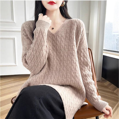 Damen Pullover V-Ausschnitt Lässig Zopfmuster Norvielle