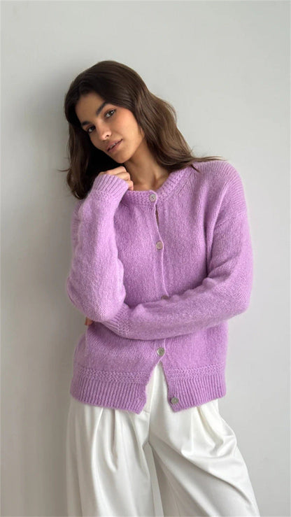 Damen Strickcardigan Weich Knopfverschluss Voluminöse Ärmel Beige